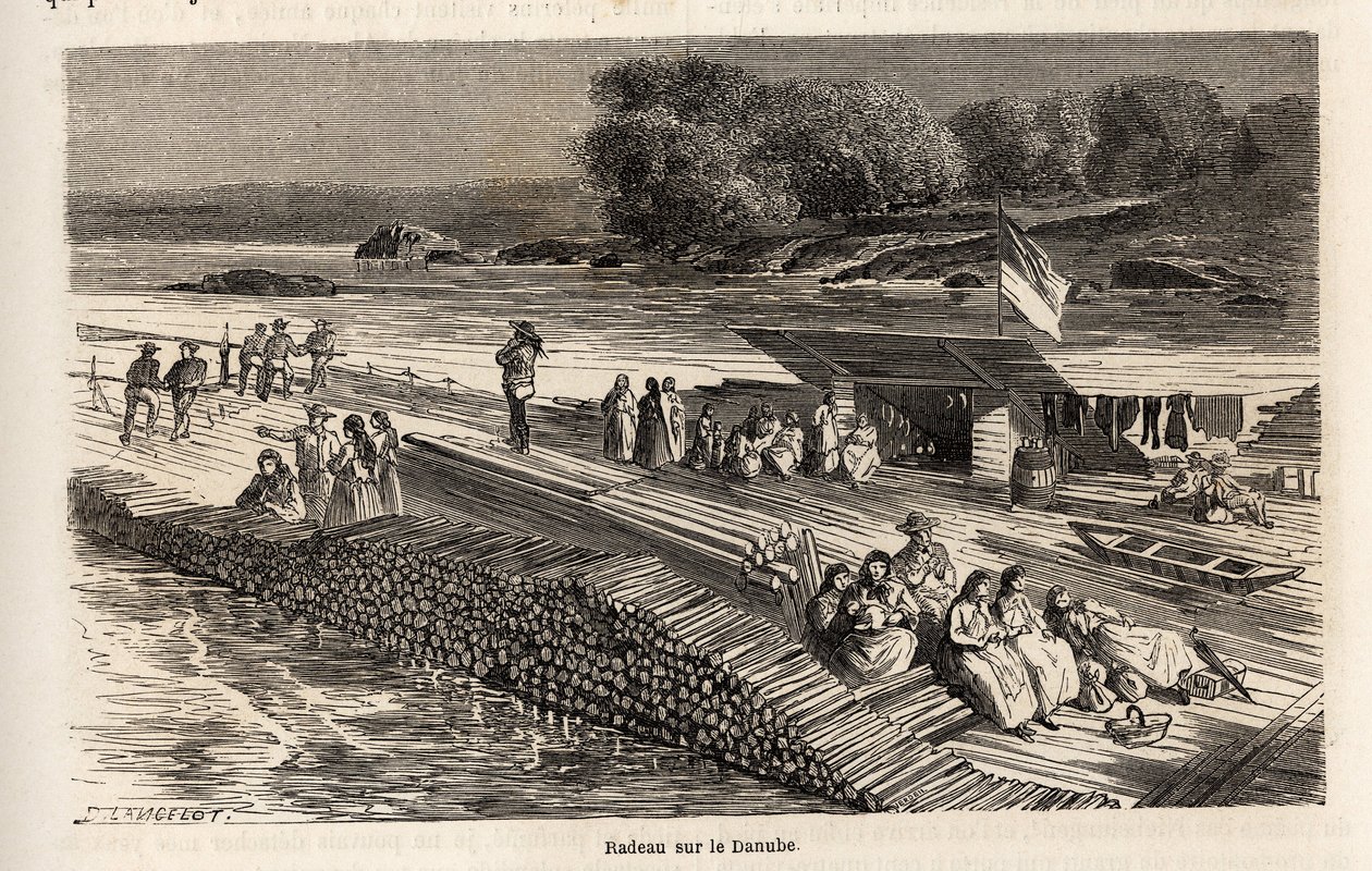 Una balsa de madera en el Danubio, para el transporte de mercancías y personas, dibujo de Lancelot, para ilustrar el viaje de Victor Duruy de París a Bucarest en 1860. Grabado en "Le tour du monde", editado por Edouard Charton de Dieudonne Auguste Lancelot