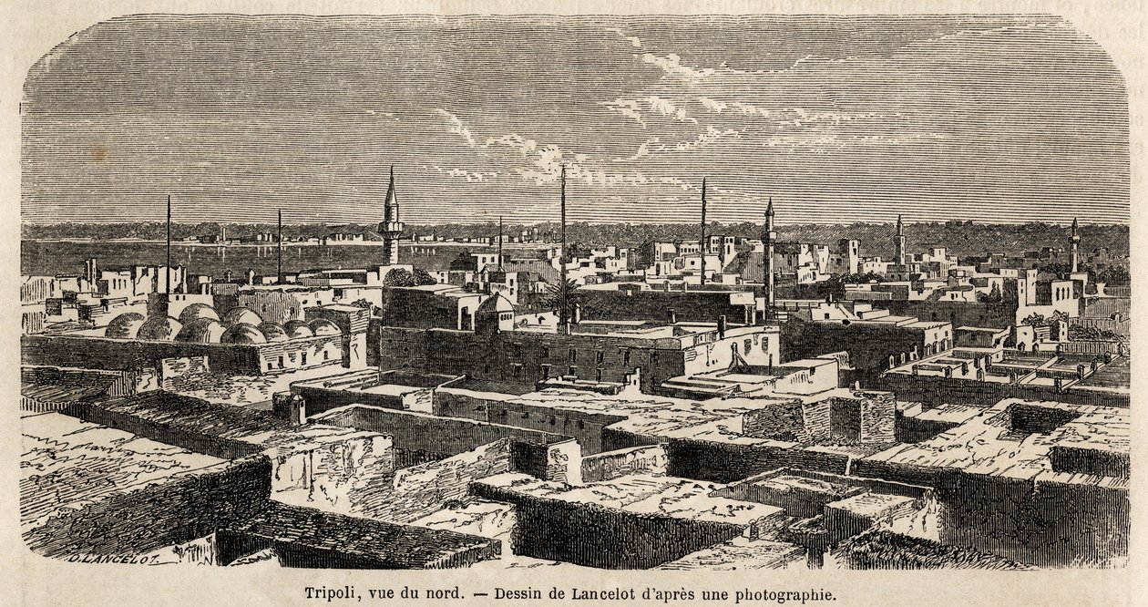Vista general de Trípoli, dibujo de Lancelot, para ilustrar los paseos tripolitanos, en 1860, del Barón de Krafft. Grabado en “Le tour du monde” 1861. Colección Selva. de Dieudonne Auguste Lancelot