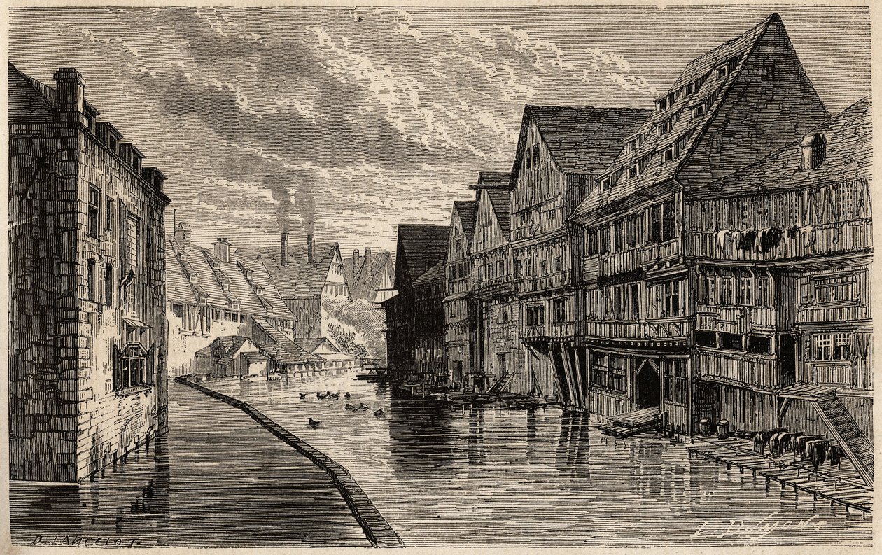 Antiguas tenerías, en Ulm, dibujo de Lancelot, para ilustrar el viaje de Victor Duruy de París a Bucarest en 1860. Grabado en "Le tour du monde", editado por Edouard Charton de Dieudonne Auguste Lancelot