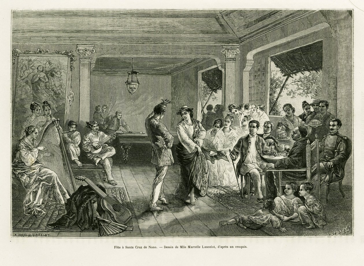 Fiesta en Santa Cruz de Nano. Grabado de Lancelot para ilustrar la historia Lucon y Palaouan, seis años en Filipinas, por Alfred Marche (1844-1898), en Le Tour du monde 1886, dirigido por Edouard Charton (1807-1890), Hachette, París. de Dieudonne Auguste Lancelot