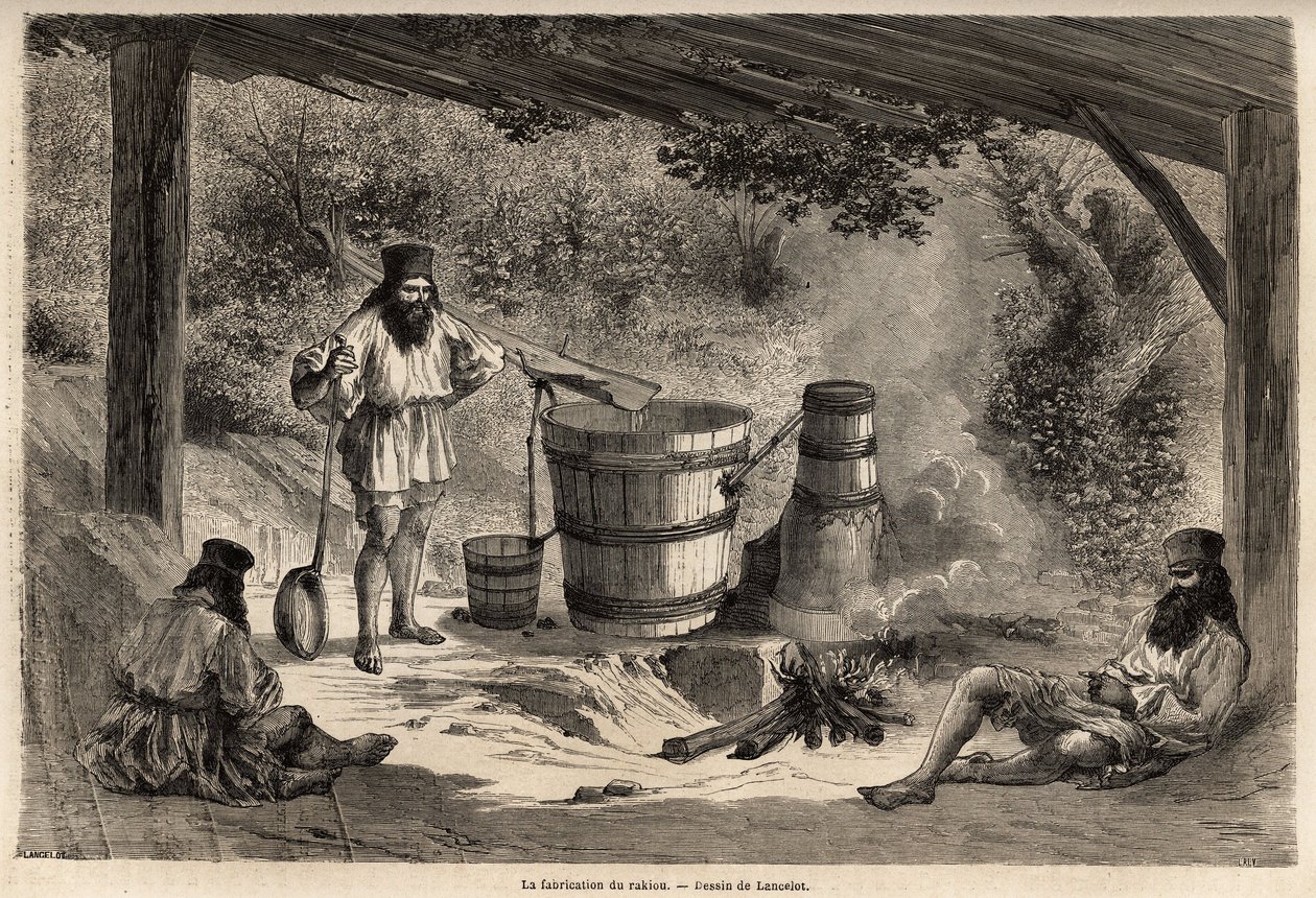 La fabricación de rakiou, alcohol de cereal, una especie de aguardiente muy común en Rumania. Grabado para ilustrar el viaje de París a Bucarest, por Lancelot, dibujante, en 1860, publicado en “Le tour du monde, nouveau journal des voyages”, bajo la direcc de Dieudonne Auguste Lancelot