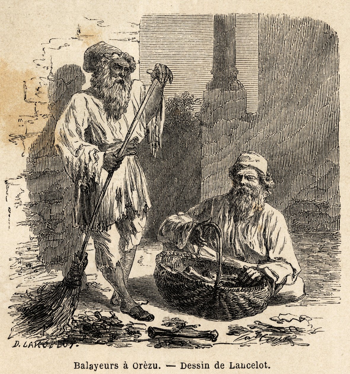 Los barrenderos en Orezu (Rumania). Grabado para ilustrar el viaje de París a Bucarest, por Lancelot, dibujante, en 1860, publicado en “Le tour du monde, nouveau journal des voyages”, bajo la dirección de Edouard Charton de Dieudonne Auguste Lancelot