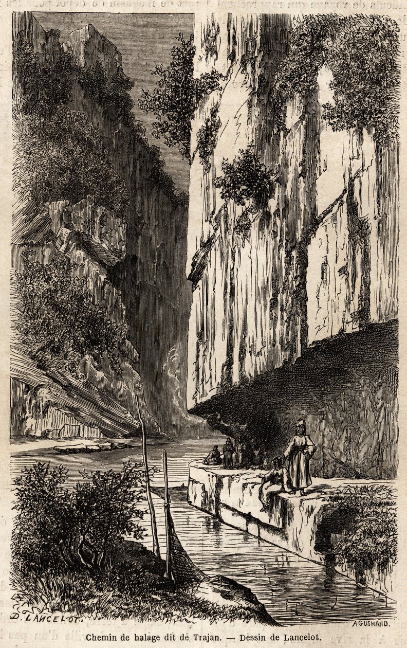 El camino de sirga en las orillas del Danubio, excavado en la pared rocosa, también llamado el camino de Trajano, que lo hizo perforar para su expedición contra los dacios del norte del Danubio de Dieudonne Auguste Lancelot