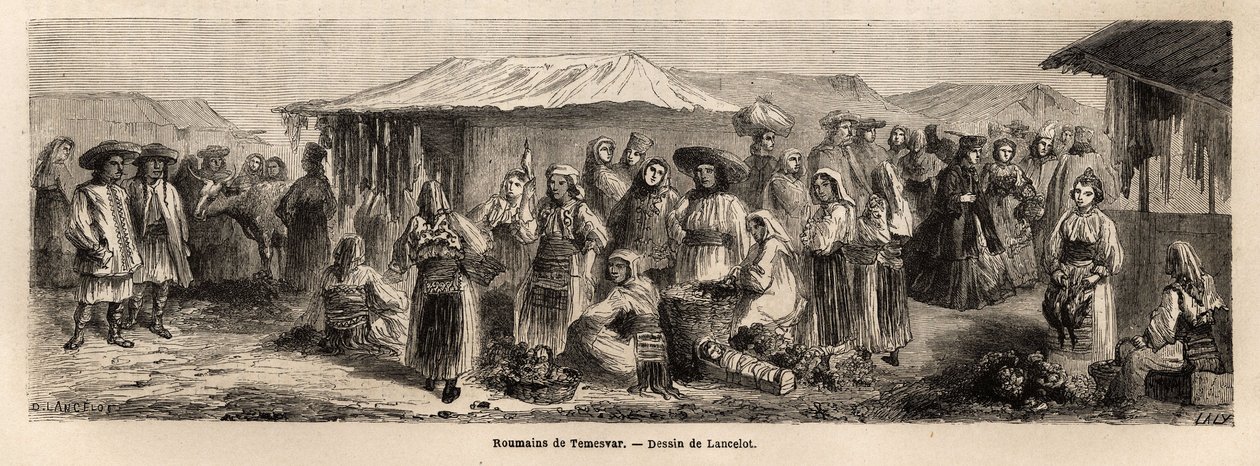 La población caminante de Tesmevar (o Timisoara) en Rumania. Grabado para ilustrar el viaje de París a Bucarest, por Lancelot, dibujante, en 1860, publicado en “Le tour du monde, nouveau journal des voyages”, bajo la dirección de Edouard Charton de Dieudonne Auguste Lancelot