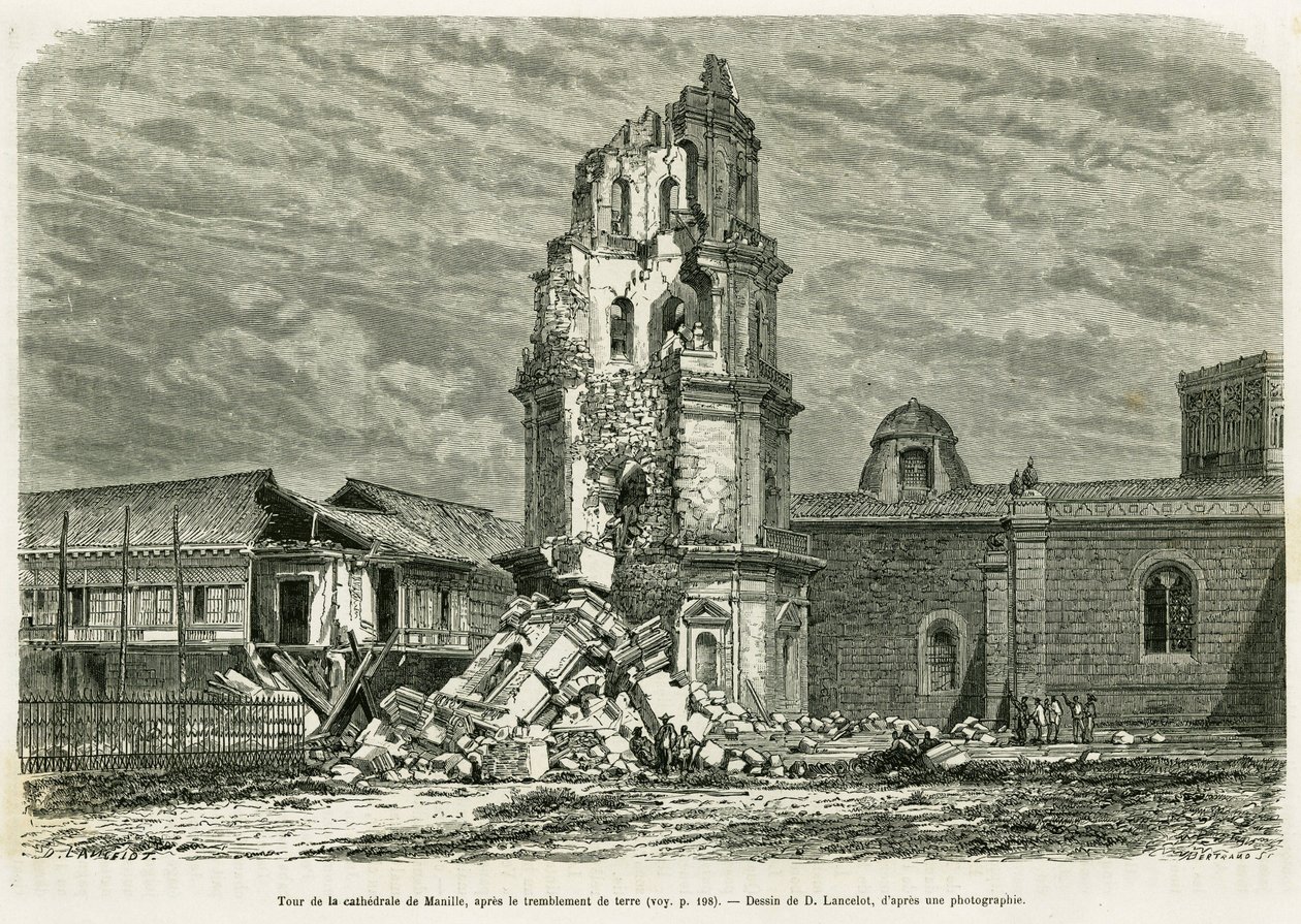 Torre de la Catedral de Manila, después del terremoto del 18 de julio de 1880. Grabado de Lancelot para ilustrar la historia 