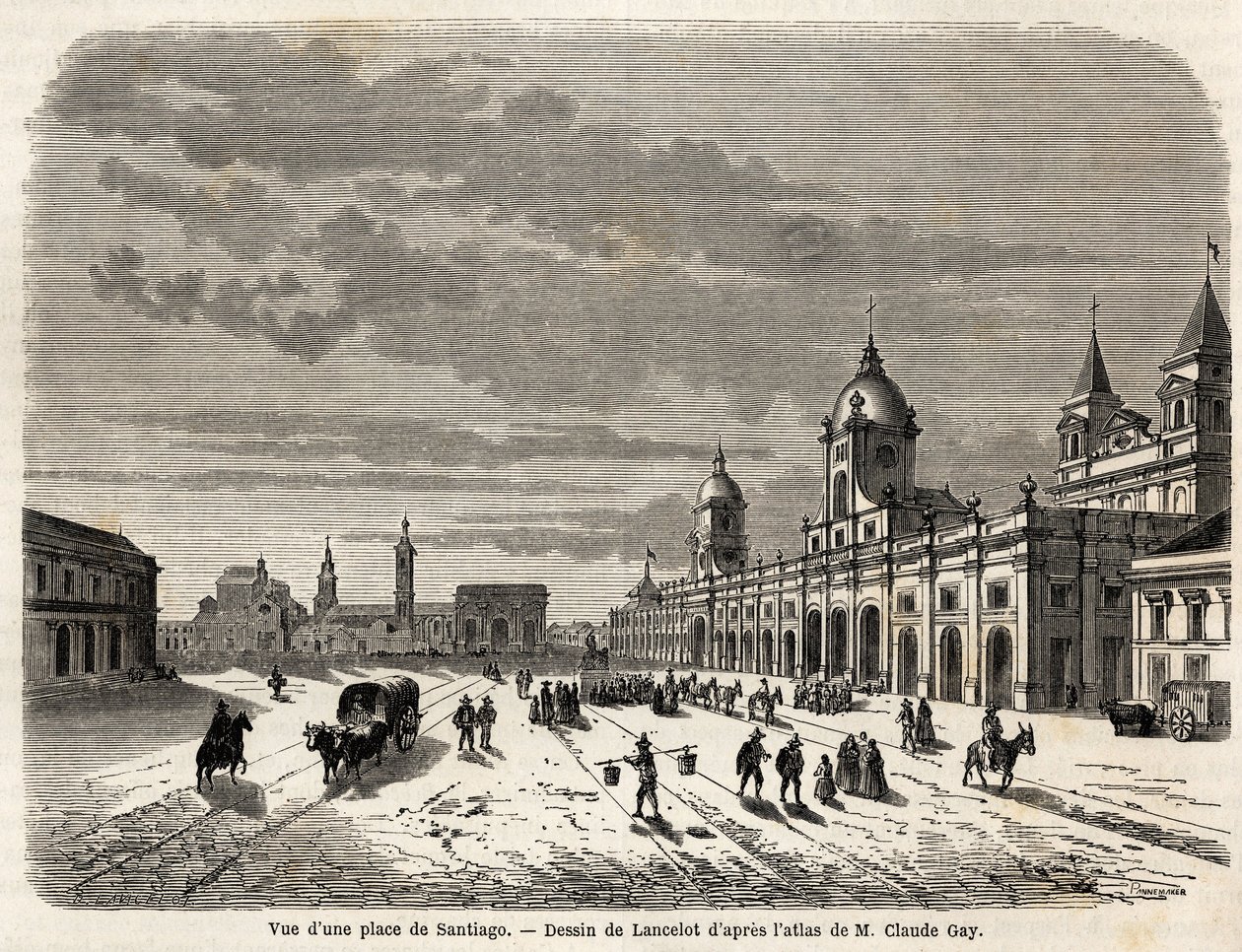 Vista de una plaza en Santiago (Chile), dibujo de Lancelot, para ilustrar el viaje a Sudamérica, en 1823, de Giovanni Mastai Ferretti (1792-1878, futuro Pío IX). Grabado en 