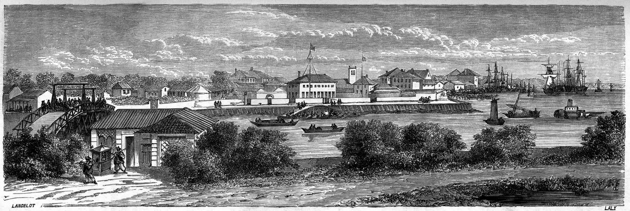 Vista de la concesión de los Estados Unidos en el río Huangpu en Shanghái en 1860, China. Grabado por Lancelot, en "Le Tour du Monde, Nouveau journal des Voyages", editado por Edouard Charton, París de Dieudonne Auguste Lancelot