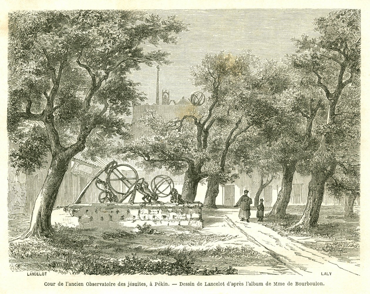Vista del patio del antiguo Observatorio Jesuita en Pekín (Beijing), China. Grabado por Lancelot, en “Le Tour du Monde, Nouveau journal des Voyages”, editado por Edouard Charton, París de Dieudonne Auguste Lancelot