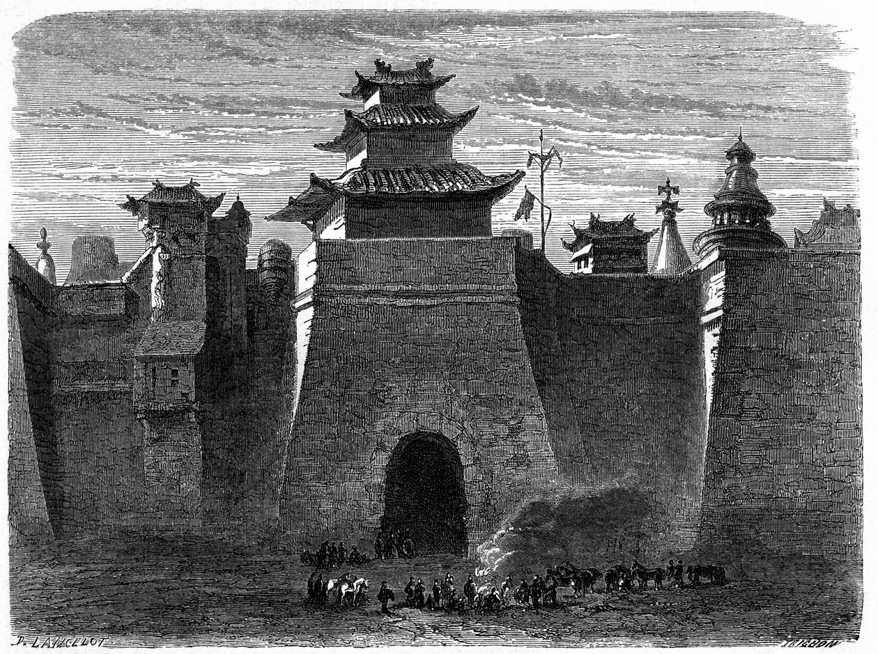 Muros y puerta de Pekín (Beijing), China. Grabado por Lancelot, en “Le Tour du Monde, Nouveau journal des Voyages”, editado por Edouard Charton, París de Dieudonne Auguste Lancelot