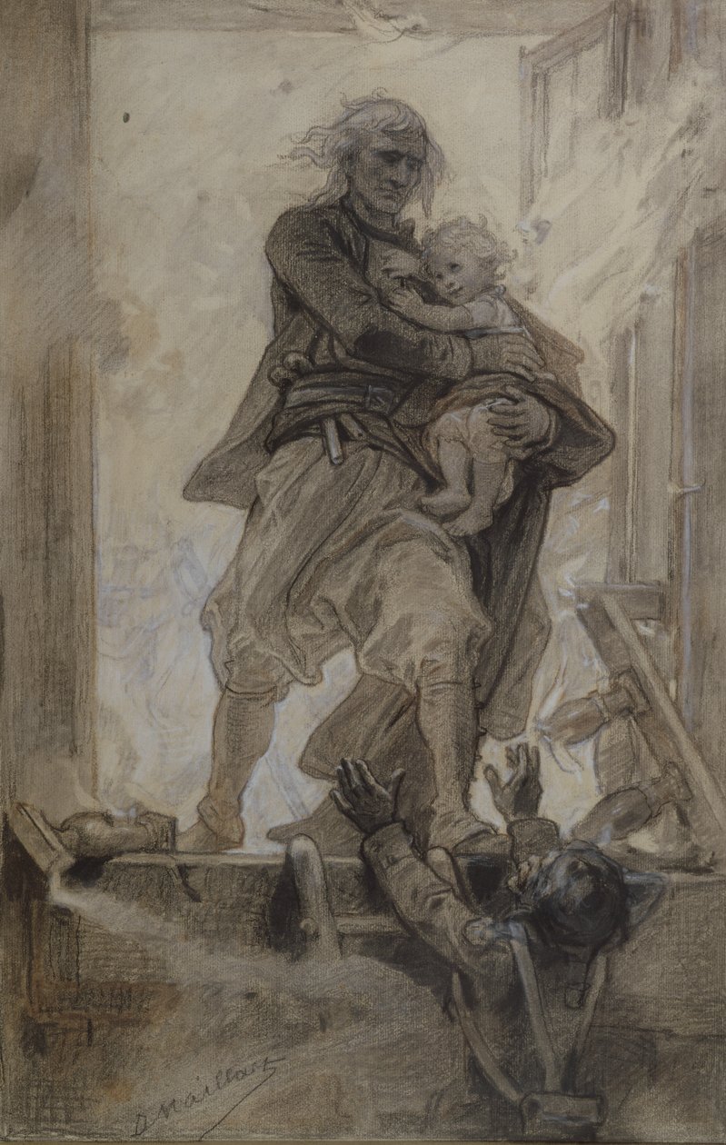 El marqués de Lantenac salvando a un niño, ilustración de Noventa y tres de Victor Hugo (1802-85) de Diogene Ulysse Napoleon Maillart