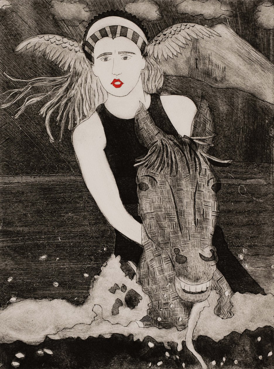 Brunnhilde y Grane, Ciclo del Anillo de Wagner, 2024 (collagraph) de Dione Verulam