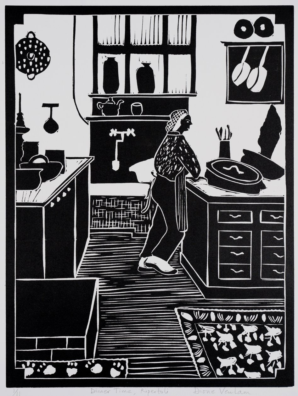 La cena está lista, Ripertoli (linograbado) de Dione Verulam