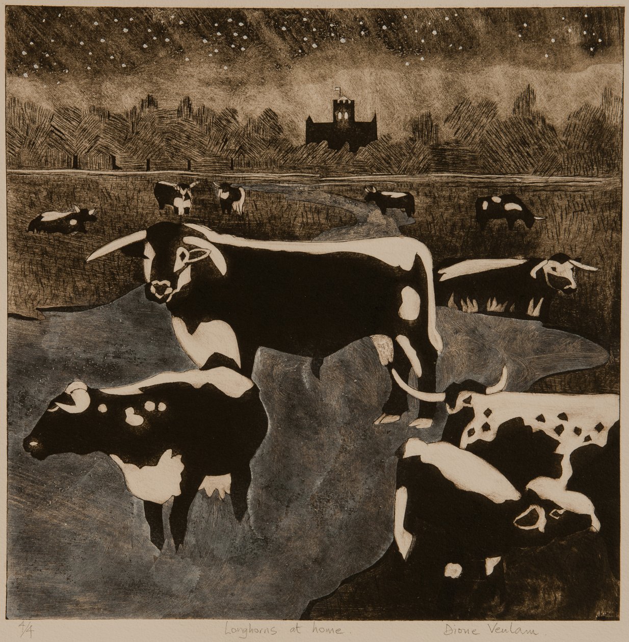Longhorns en casa, 2017 (collagraph) de Dione Verulam
