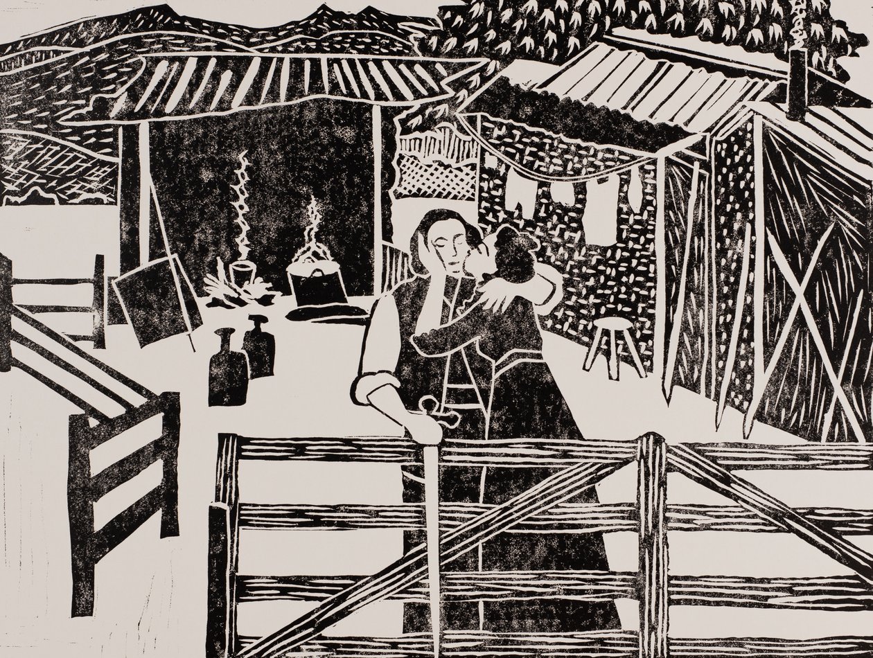 Siegfried  Sieglinde, Cabaña de Hunding, Ciclo del Anillo de Wagner, 2024 (Linograbado) de Dione Verulam