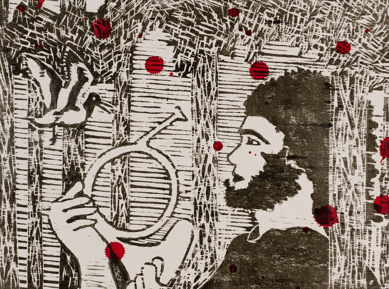 Sigfrido, los pájaros del bosque y la sangre del dragón, Ciclo del Anillo de Wagner (xilografía) de Dione Verulam