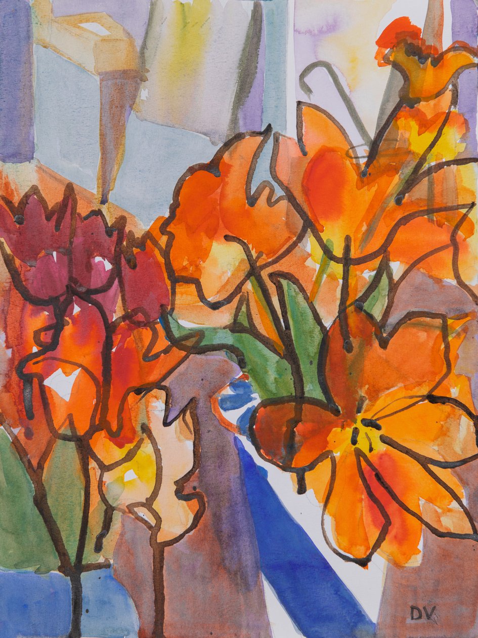 Tulipanes (acuarela y tinta) de Dione Verulam