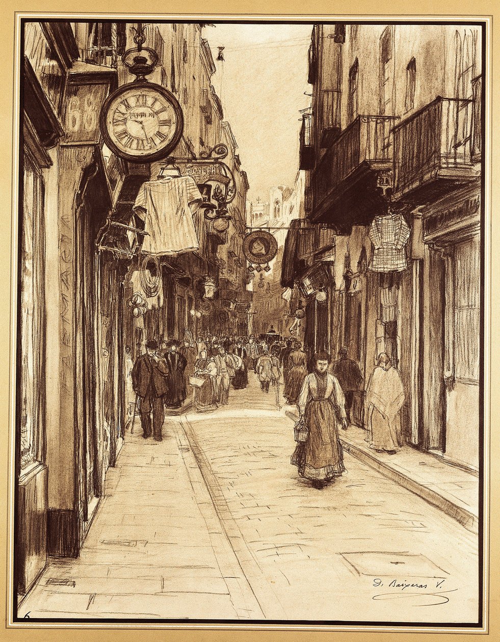 Calle Plateria hacia la Plaza de los Ángeles, Barcelona (dibujo) de Dionisio Baixeras Verdaguer