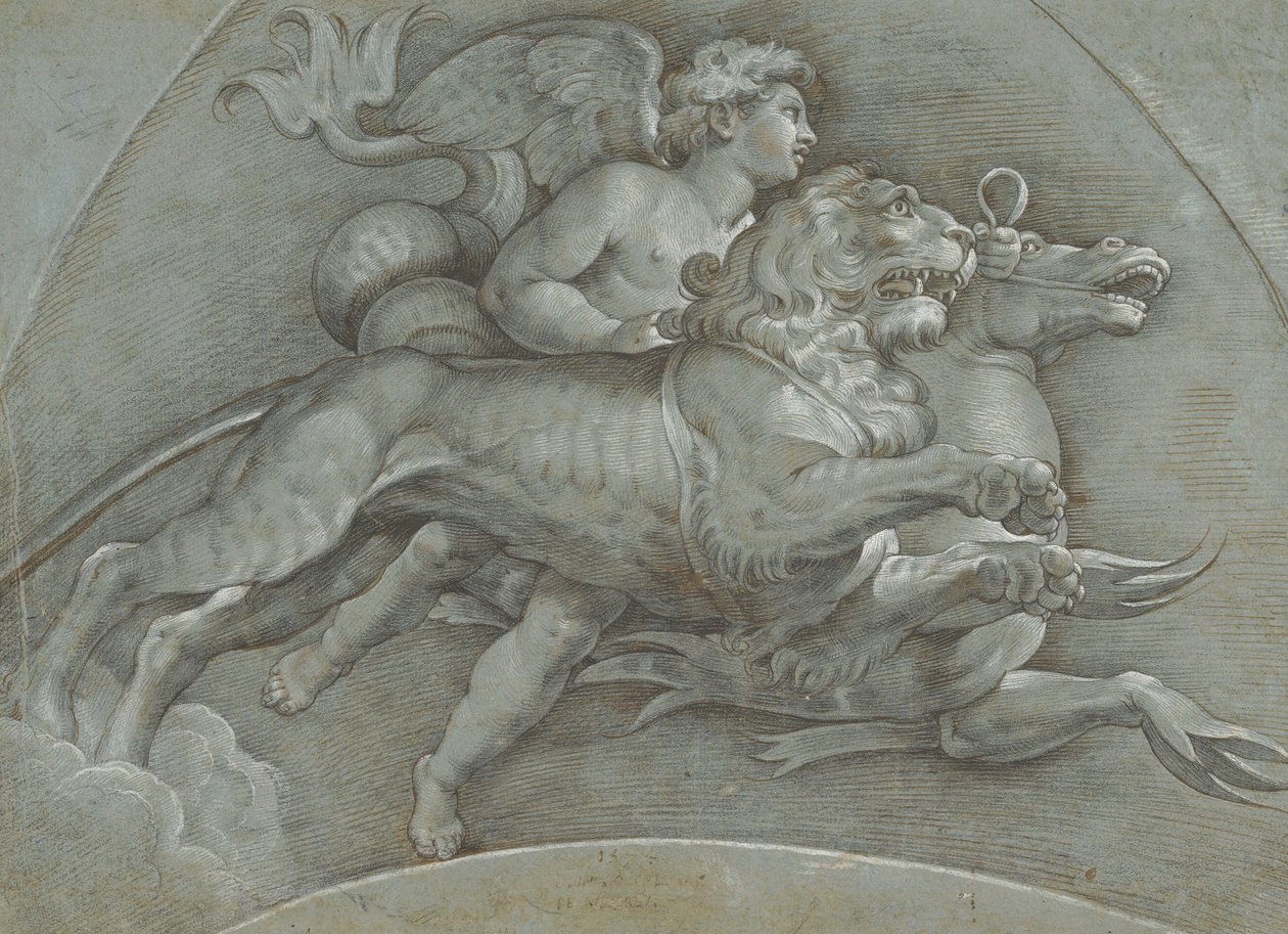 Un Putto Alado Montando un Caballo Marino y un León después de Rafael, verso, 1574 de Dionisio Calvaert