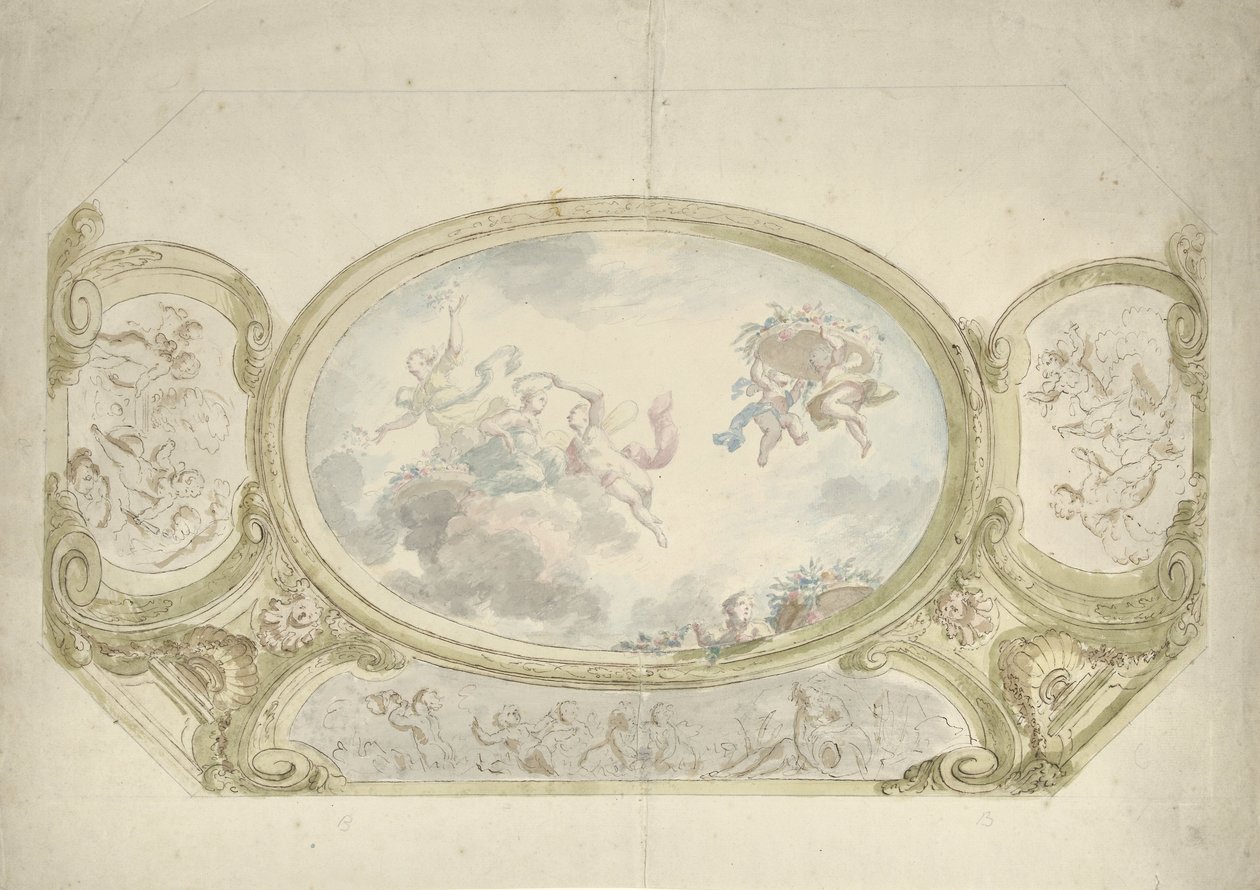 Diseño para una pintura de techo: óvalo con representación alegórica rodeado de escenas con putti de Dionys van Nijmegen (possibly)