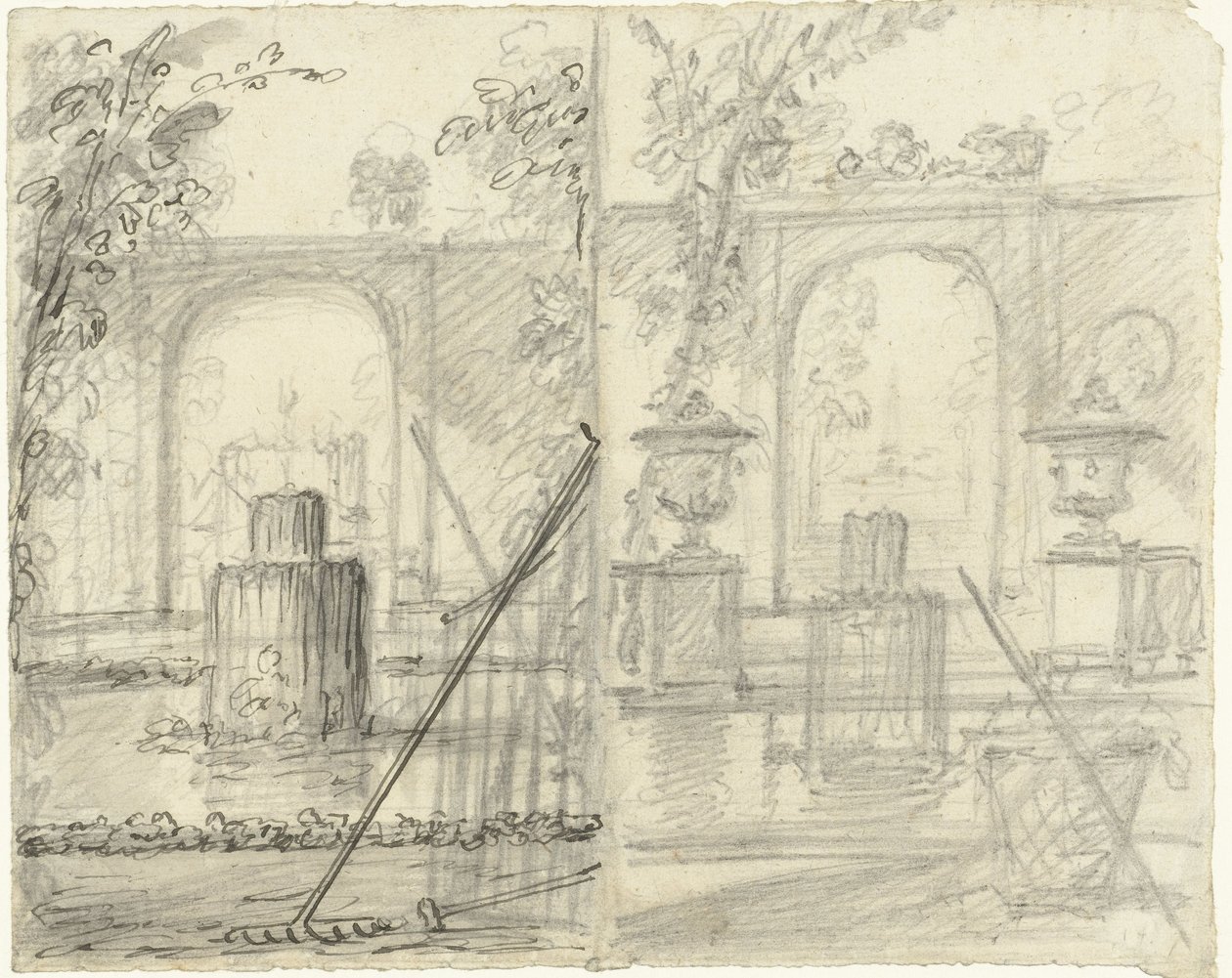 Dos diseños para una vista de jardín con fuente y herramientas de jardín en primer plano de Dionys van Nijmegen (possibly)