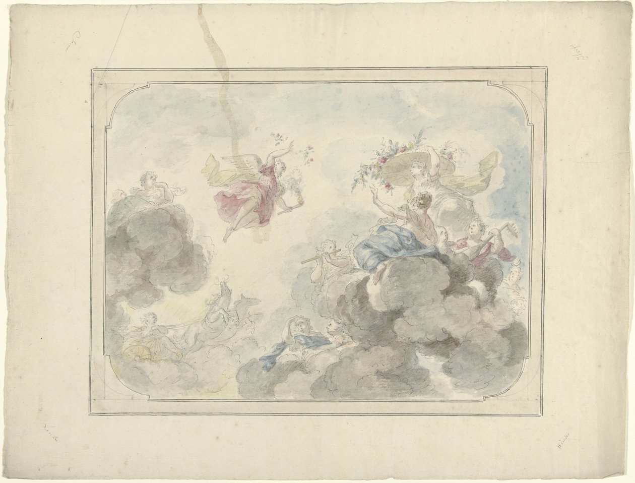 Diseño para un mural en el techo que muestra la cara en el cielo donde la Aurora disipa la oscuridad de Dionys van Nijmegen