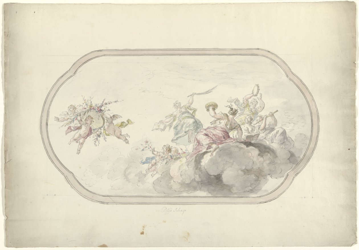 Diseño para una pintura en el techo que muestra a mujeres haciendo música y putti con una cesta de flores como alegoría de la Alegría de Dionys van Nijmegen