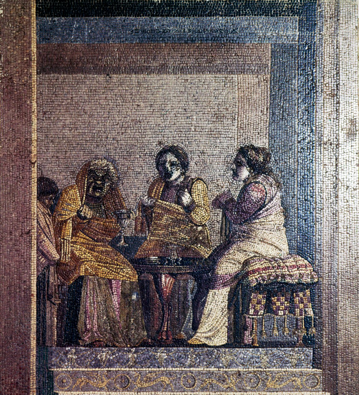 Mosaico romano de escena de obra con actores enmascarados, Villa de Cicerón, Pompeya de Dioscurides of Samos