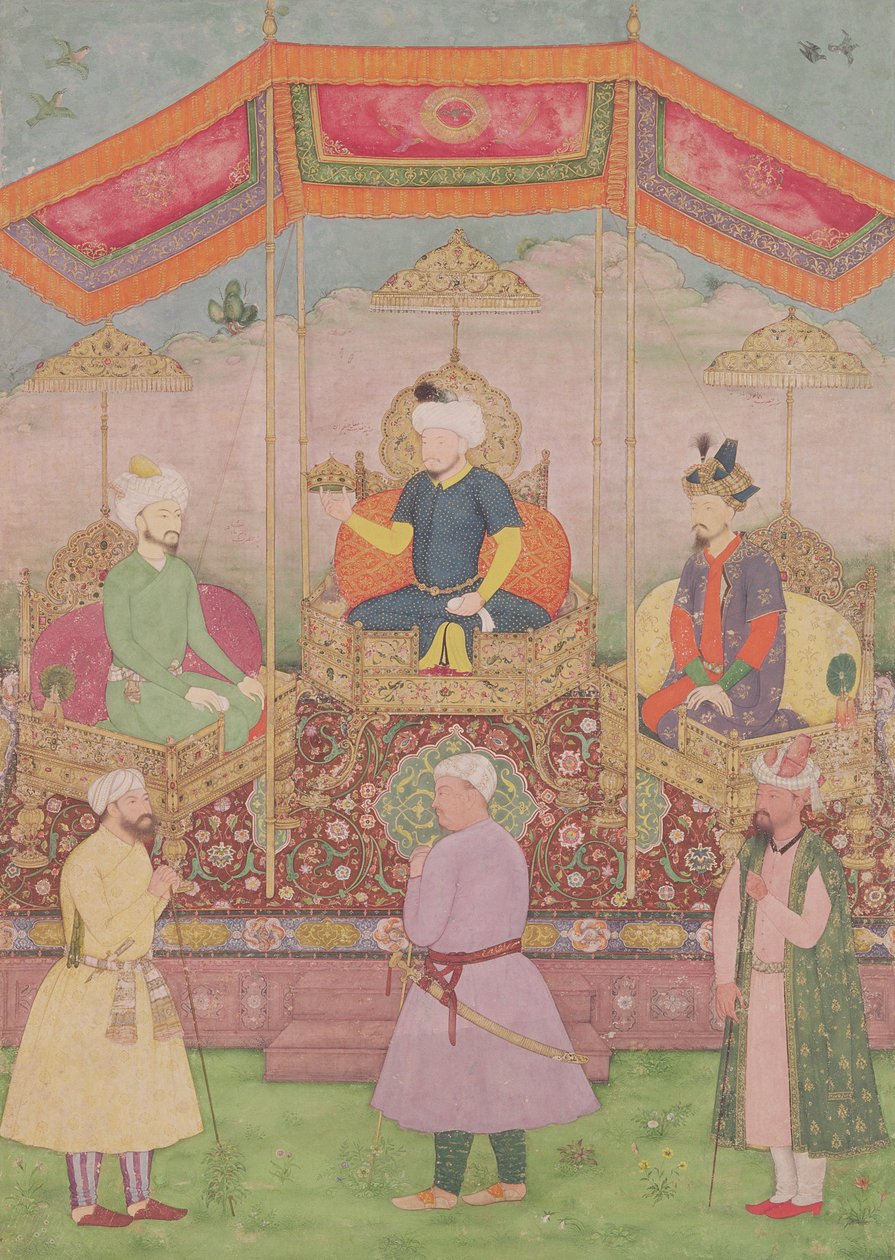 Emperador mogol Babur y su hijo, Humayán, miniatura india de Rajasthan, siglo XVI de Dip Chand