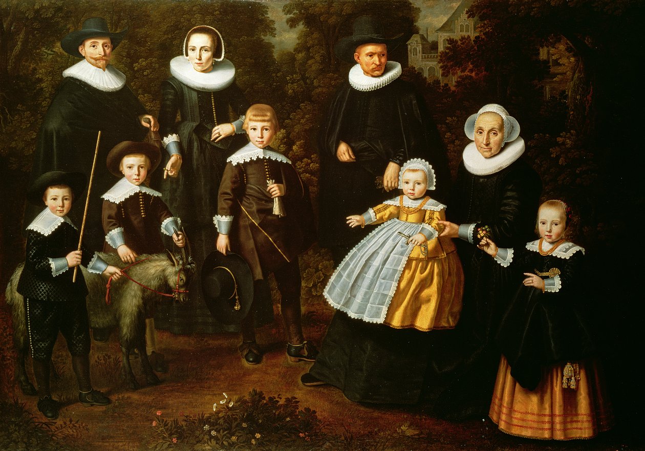 Retrato de grupo de tres generaciones de una familia en los terrenos de una casa de campo de Dirck Santvoort