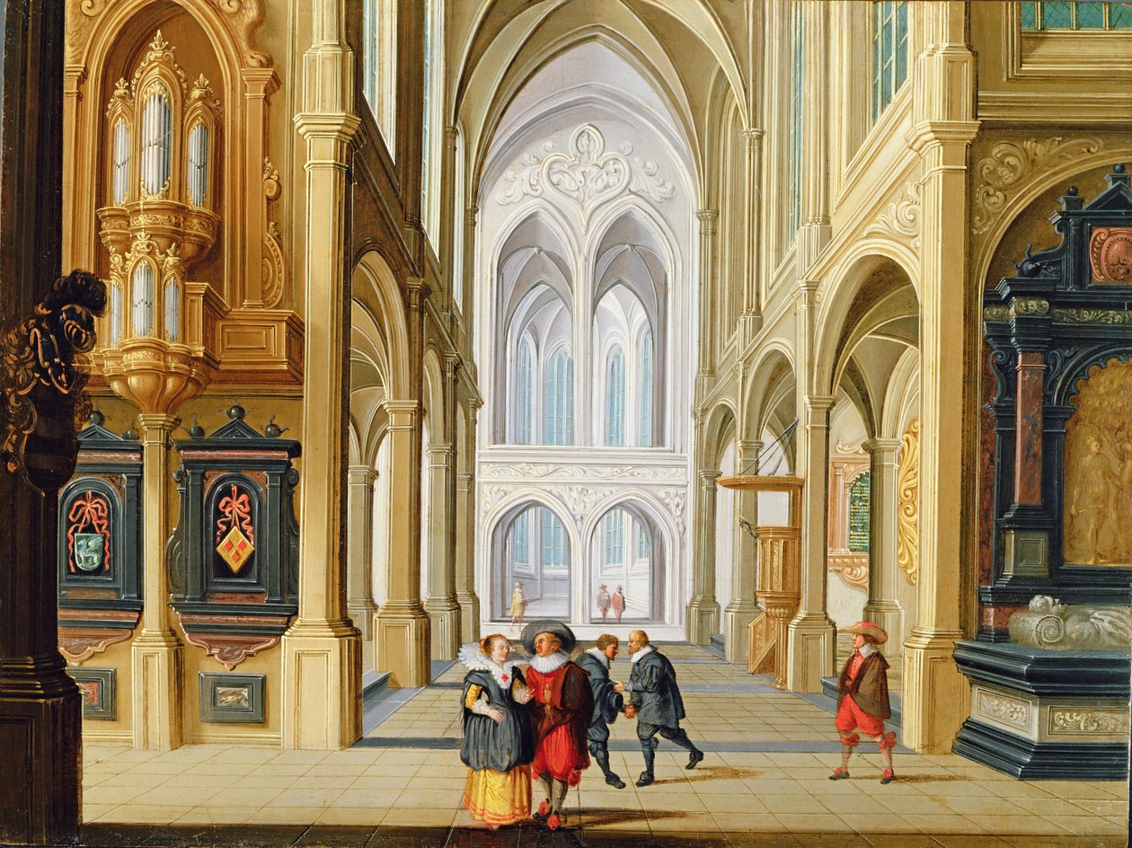 Figuras elegantes en una iglesia gótica de Dirck van Deelen