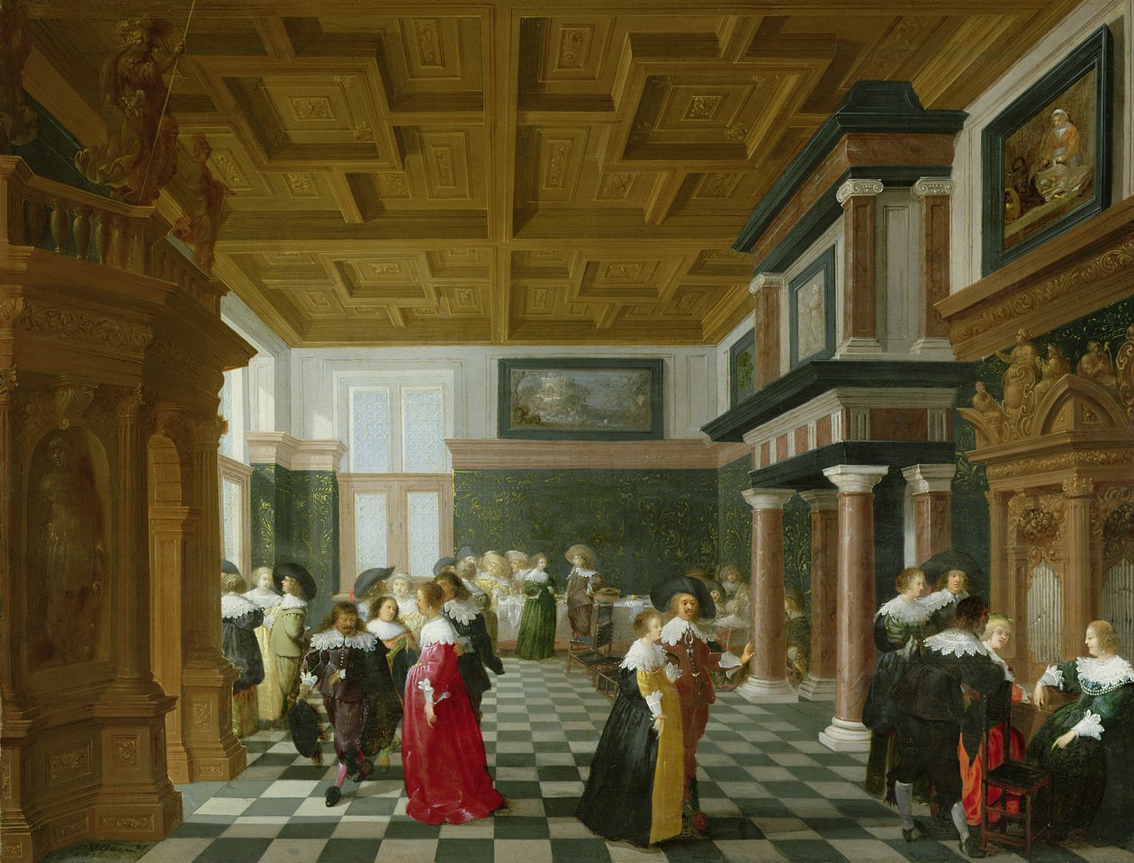 Figuras elegantes bailando en un interior de Dirck van Delen