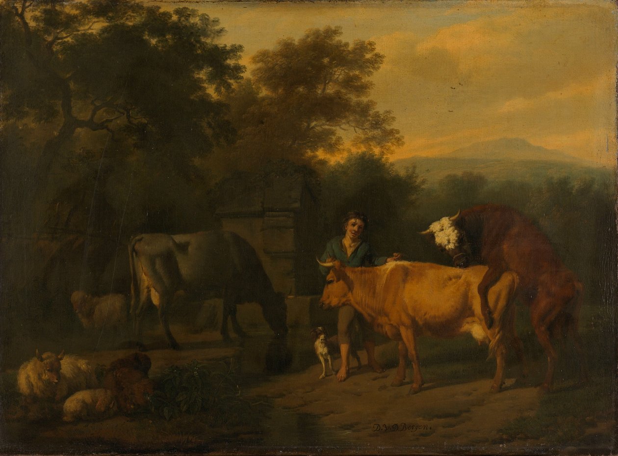 Paisaje con pastor y ganado de Dirck van der Bergen