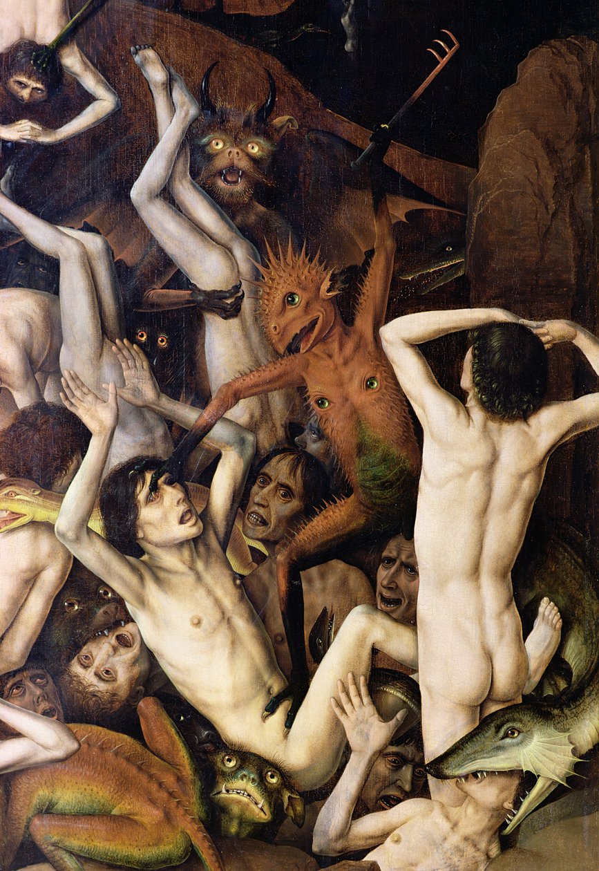 Infierno, (detalle) de un demonio golpeando a los condenados, c.1450 de Dirck Bouts