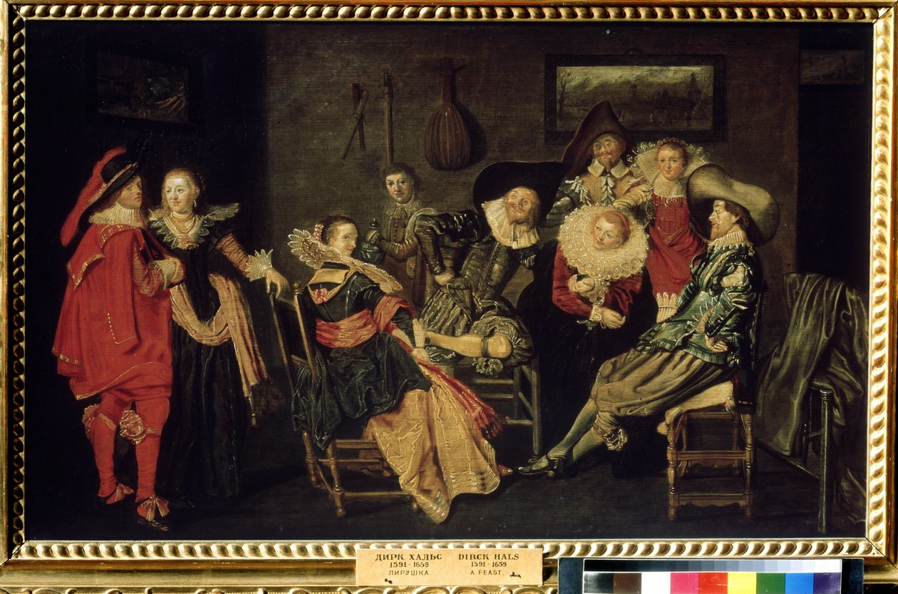 ""The Merry Company"" (The Merry Company) La fiesta en una rica residencia holandesa, una mesa de burgueses elegantemente vestidos. Pintura de Dirck Hals (1591-1656) Siglo XVII Dim. 41x66 cm Museo Pushkin, Moscú de Dirck Hals