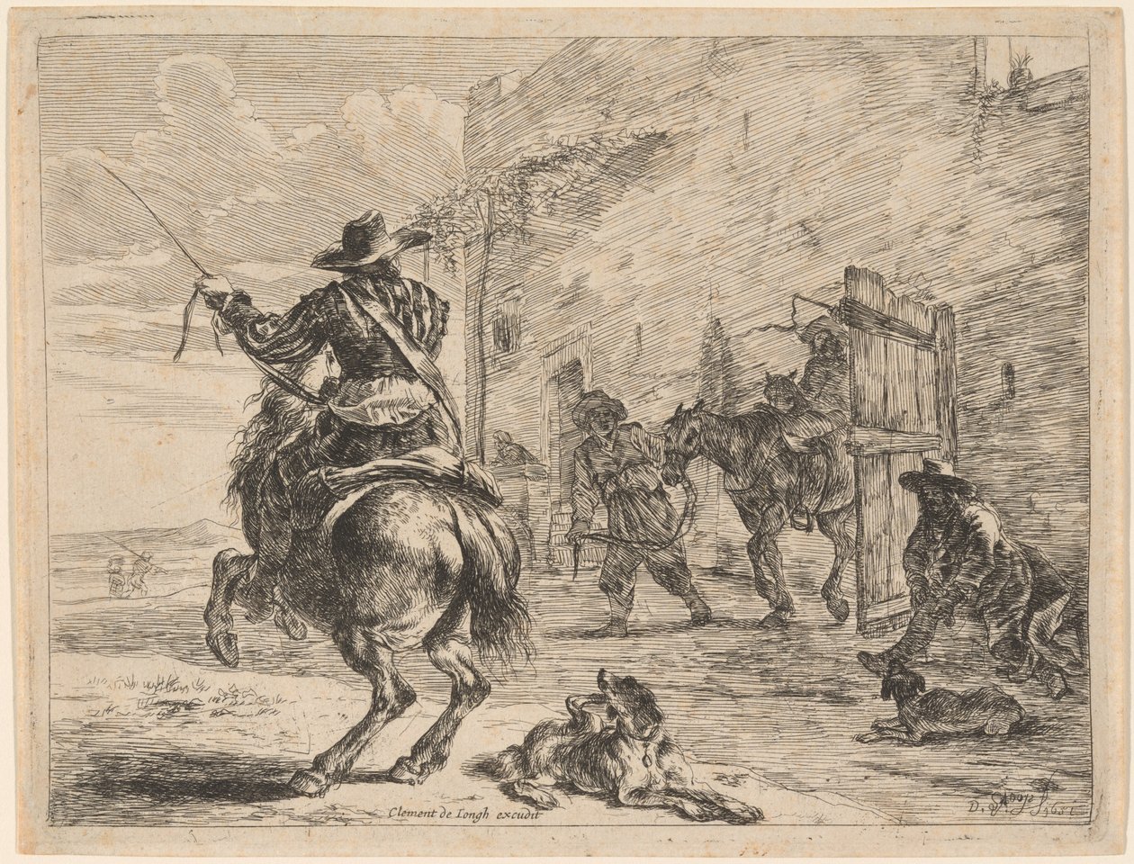 Un caballo meando atado a un poste de Dirck Stoop