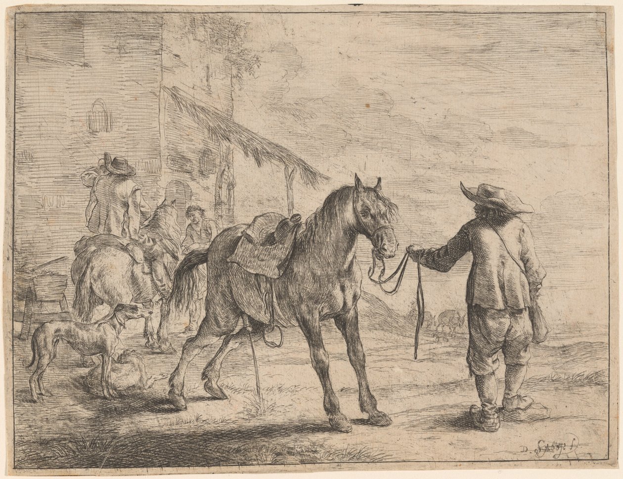 Un caballo orinando sostenido por un hombre de Dirck Stoop