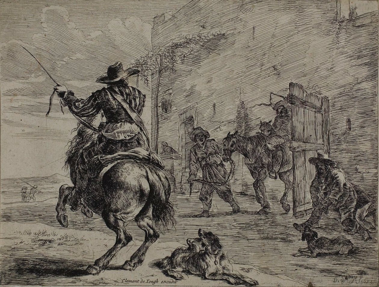 Caballo Encabritado, Cerca de un Establo, lámina uno de la Serie de Caballos de Dirck Stoop