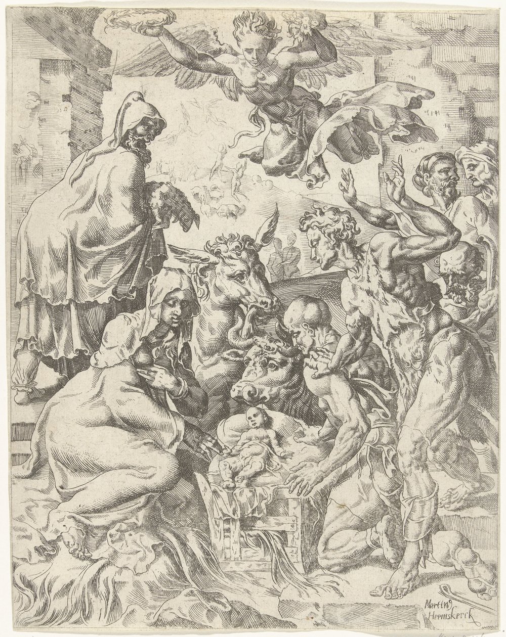 Adoración de los pastores La caída y la redención de la humanidad a través de la vida y la pasión de Cristo (título de la serie) de Dirck Volckertsz. Coornhert (attributed to)