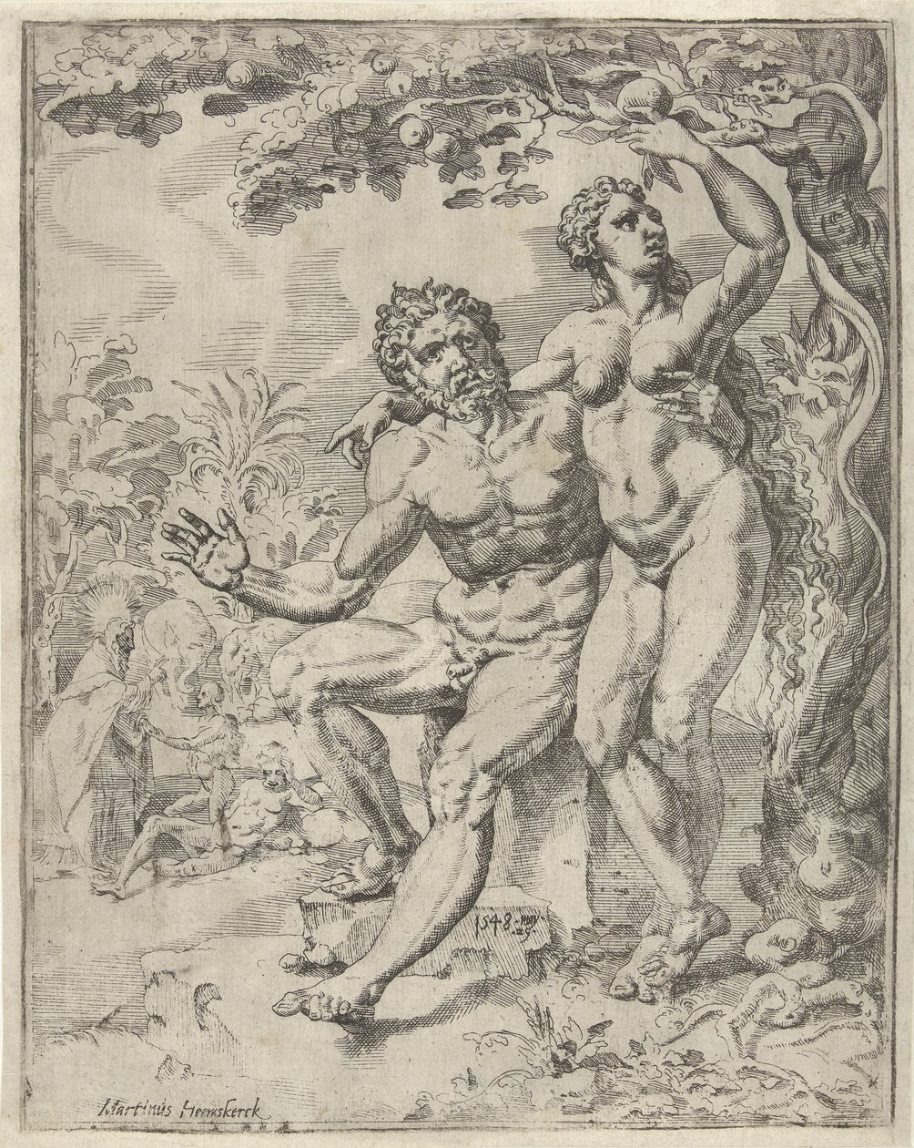 Adán y Eva cosechan el fruto prohibido La caída y la redención de la humanidad a través de la vida y la pasión de Cristo (título de la serie) de Dirck Volckertsz. Coornhert (attributed to)