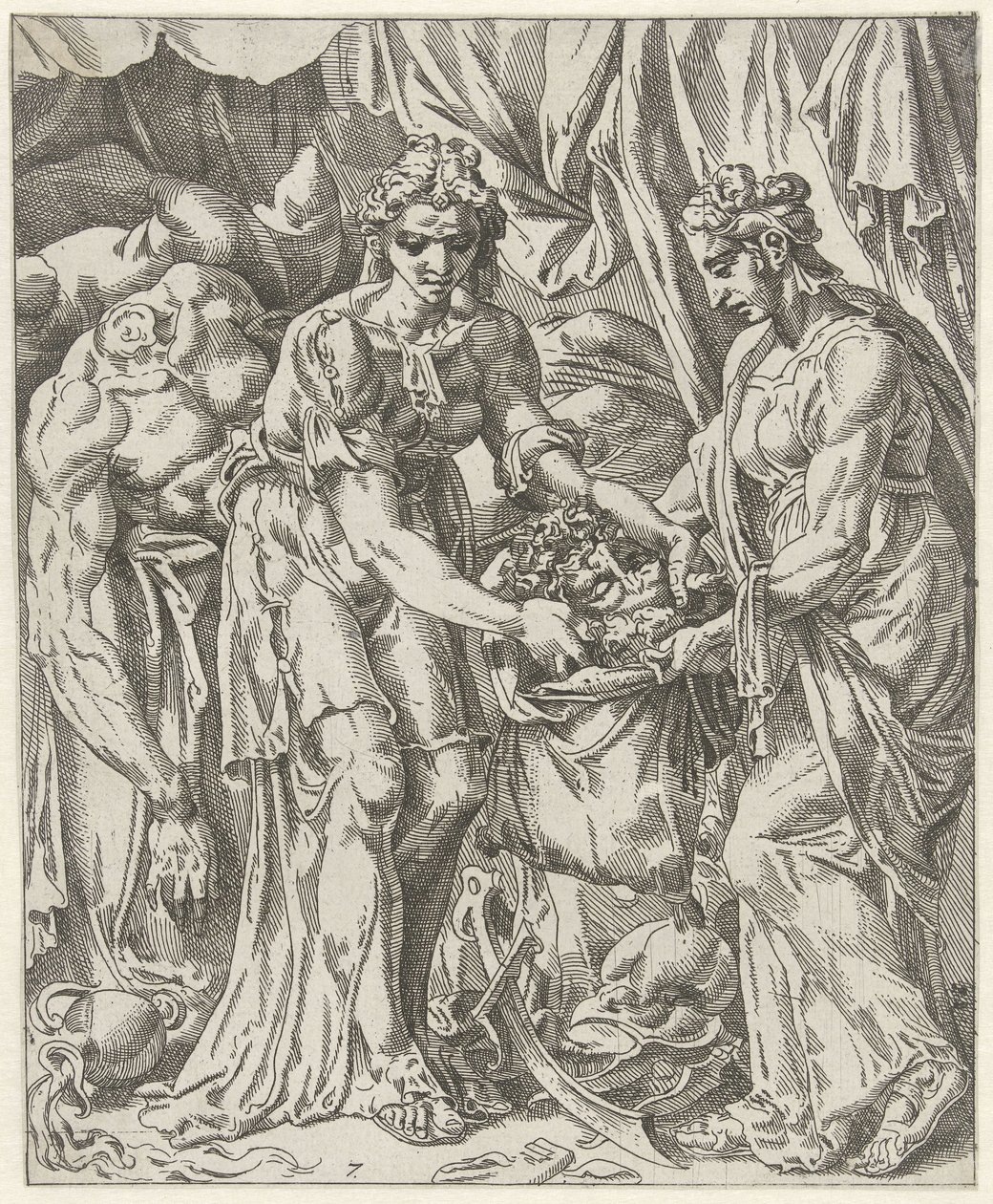 Judit mete la cabeza de Holofernes en una bolsa Judit y Holofernes (título de serie) de Dirck Volckertsz. Coornhert (attributed to)