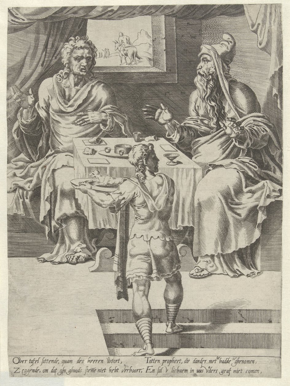 Comida del Hombre de Dios y el Viejo Profeta Historia del hombre desobediente de Dios (título de la serie) de Dirck Volckertsz. Coornhert (attributed to)