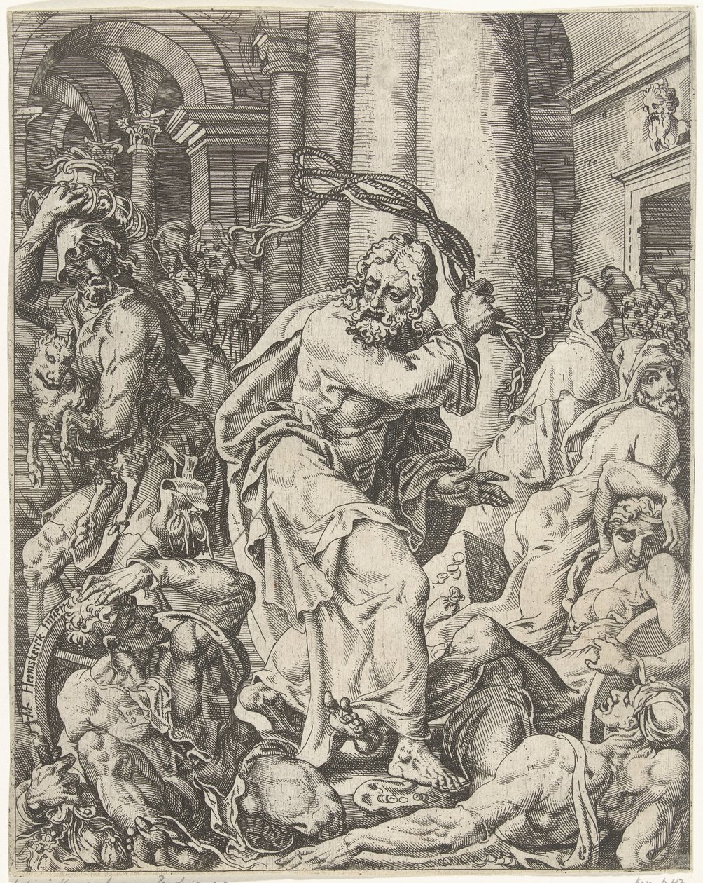 Expulsión de los cambistas del templo La caída y la redención de la humanidad a través de la vida y la pasión de Cristo (título de la serie) de Dirck Volckertsz. Coornhert (attributed to)
