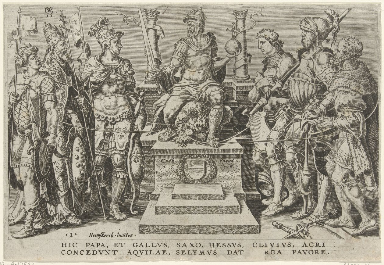 El emperador Carlos V rodeado de sus oponentes derrotados Victorias de Carlos V (título de la serie) Divi Caroli. v. imp. optar. max victoriae, ex multis praecipuae (título de la serie) de Dirck Volckertsz. Coornhert
