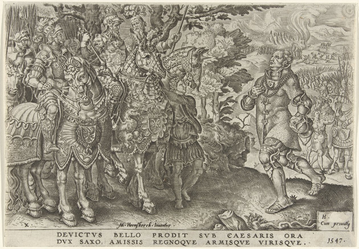 Rendición del duque de Sajonia en el campo de batalla de Mühlberg, 1547 Victorias de Carlos V (título de la serie) Divi Caroli. v. imp. optar. max victoriae, ex multis praecipuae (título de la serie) de Dirck Volckertsz. Coornhert