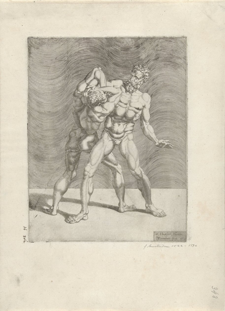 dos luchadores Luchadores (título de la serie) de Dirck Volckertsz. Coornhert
