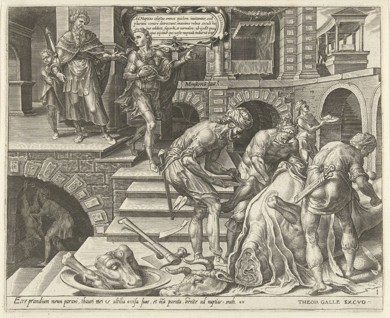 Preparativos para el banquete de bodas. Parábola de una fiesta de bodas (título de la serie) de Dirck Volckertsz. Coornhert