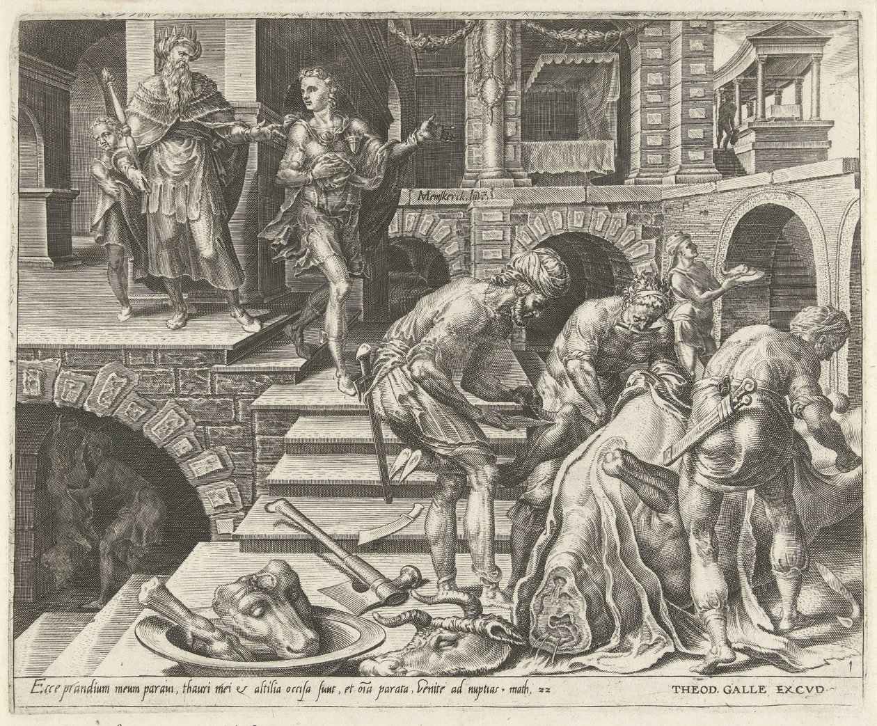 Preparativos para el banquete de bodas. Parábola de una fiesta de bodas (título de la serie) de Dirck Volckertsz. Coornhert