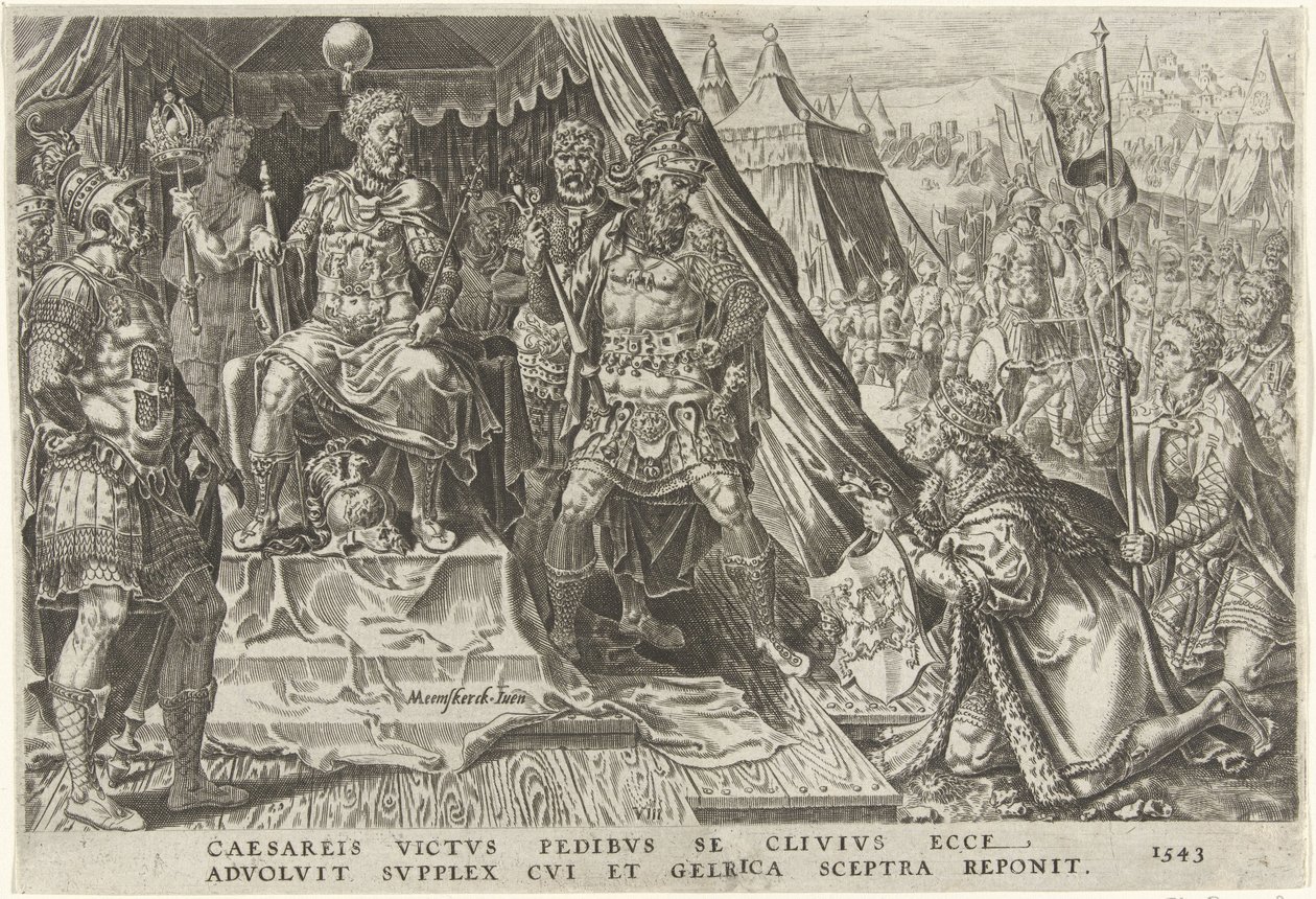 Guillermo II, duque de Güeldres, se somete a la autoridad de Carlos V, 1543 Victorias de Carlos V (título de la serie) Divi Caroli. v. imp. optar. max victoriae, ex multis praecipuae (título de la serie) de Dirck Volckertsz. Coornhert