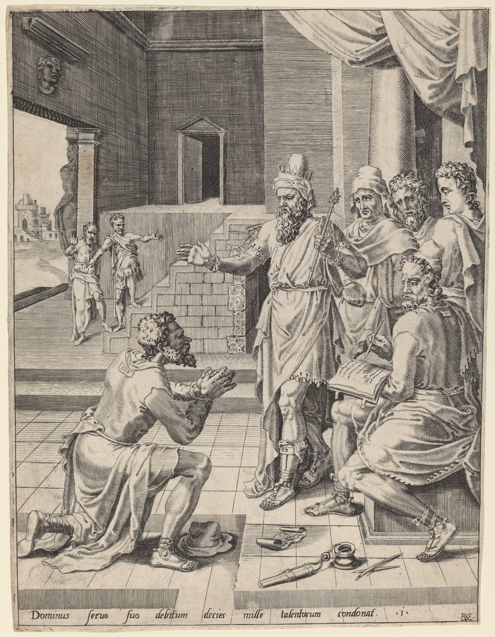 El rey perdonando la deuda a su siervo de Dirck Volckertz Coornhert after Maerten van Heemskerck