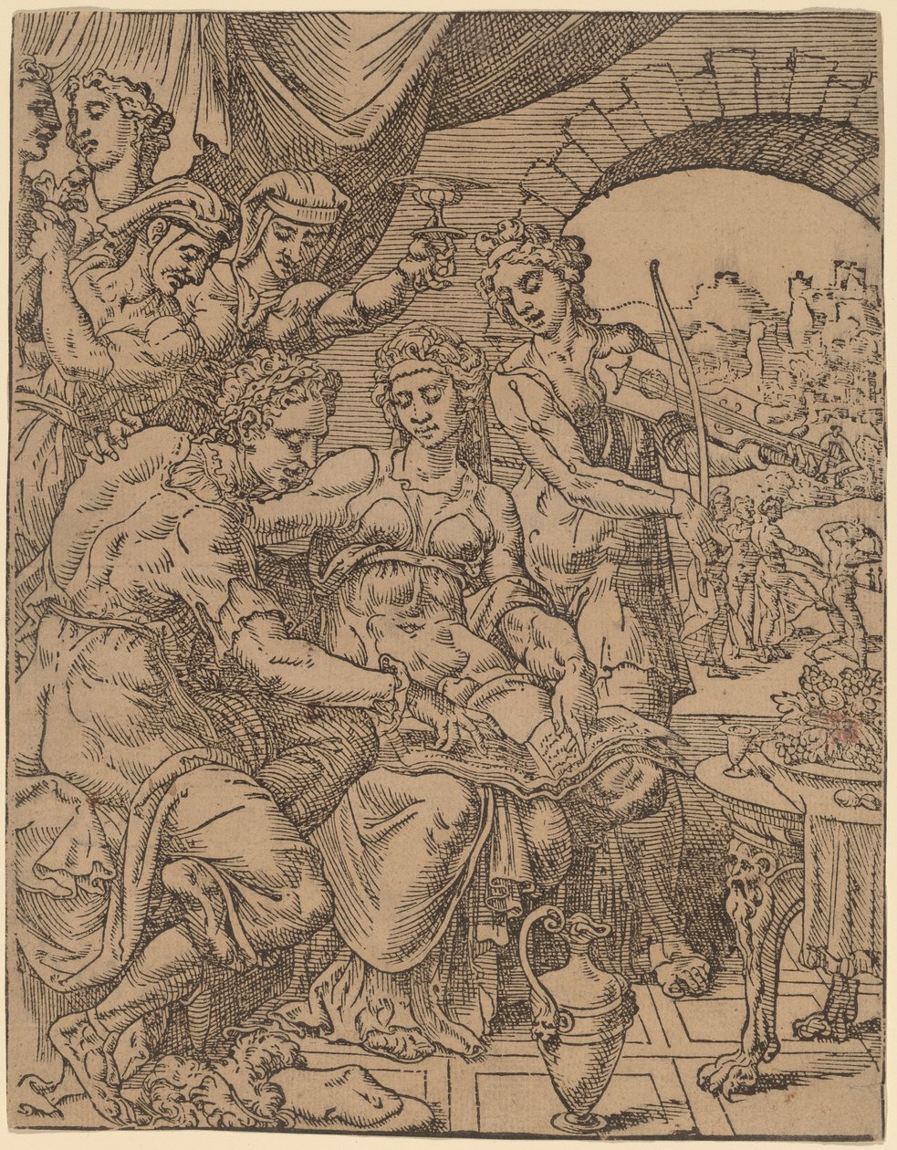 El hijo pródigo derrochando su herencia en prostitutas de Dirck Volckertz Coornhert after Maerten van Heemskerck